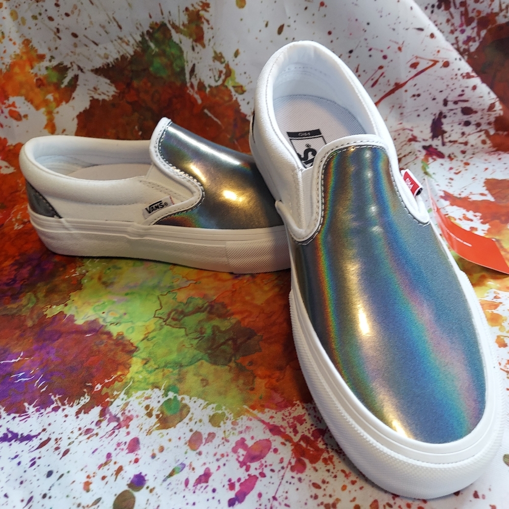 Silver Metallic Rainbow Slip on Vans - Picture 2 of 6